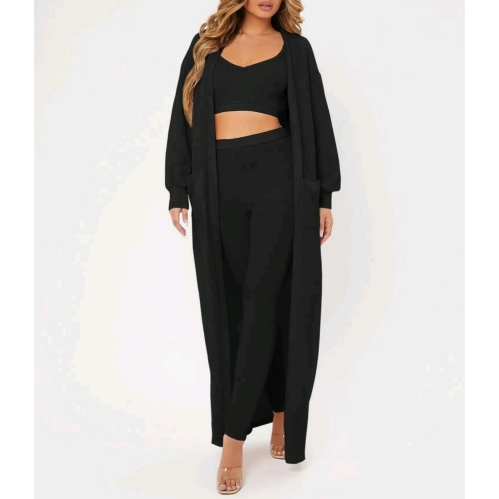 Solid Lantern Sleeves Long Cardigan Crop Tank & Leggings